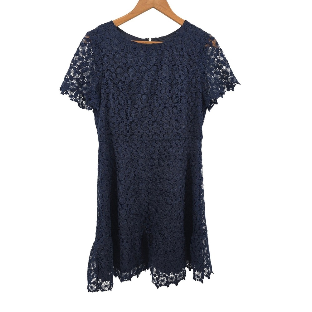 Sail to Sable Dress Womens 12 Navy Blue Lace Fit Flare Short Sleeve Gold Zipper